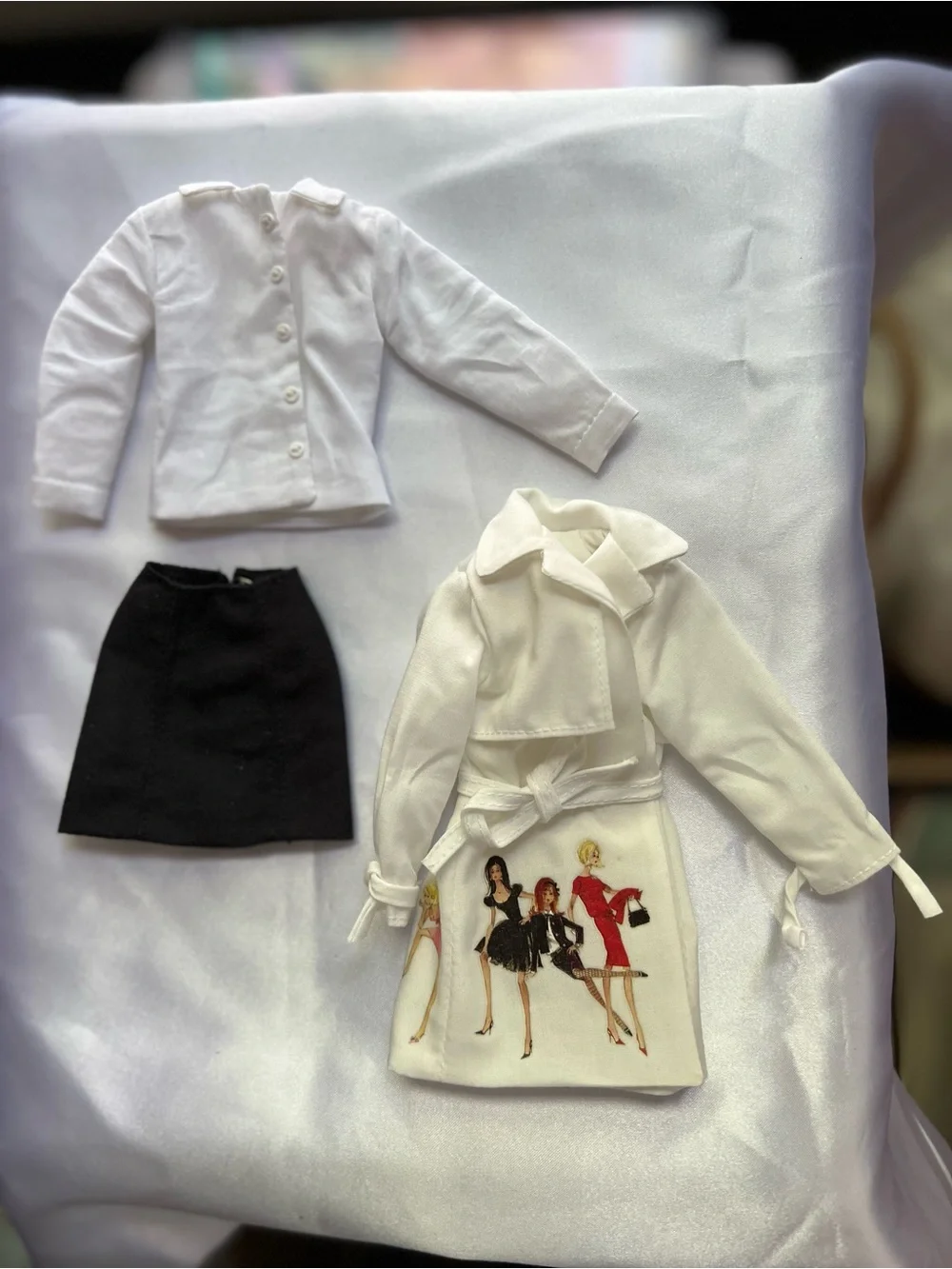 Barbie White Trench Coat with Fashion Illustration & Black Skirt Set
